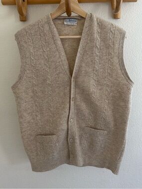 MATT ANDREWS vintage Cream 100% lambswool sweater cardigan vest cable knit